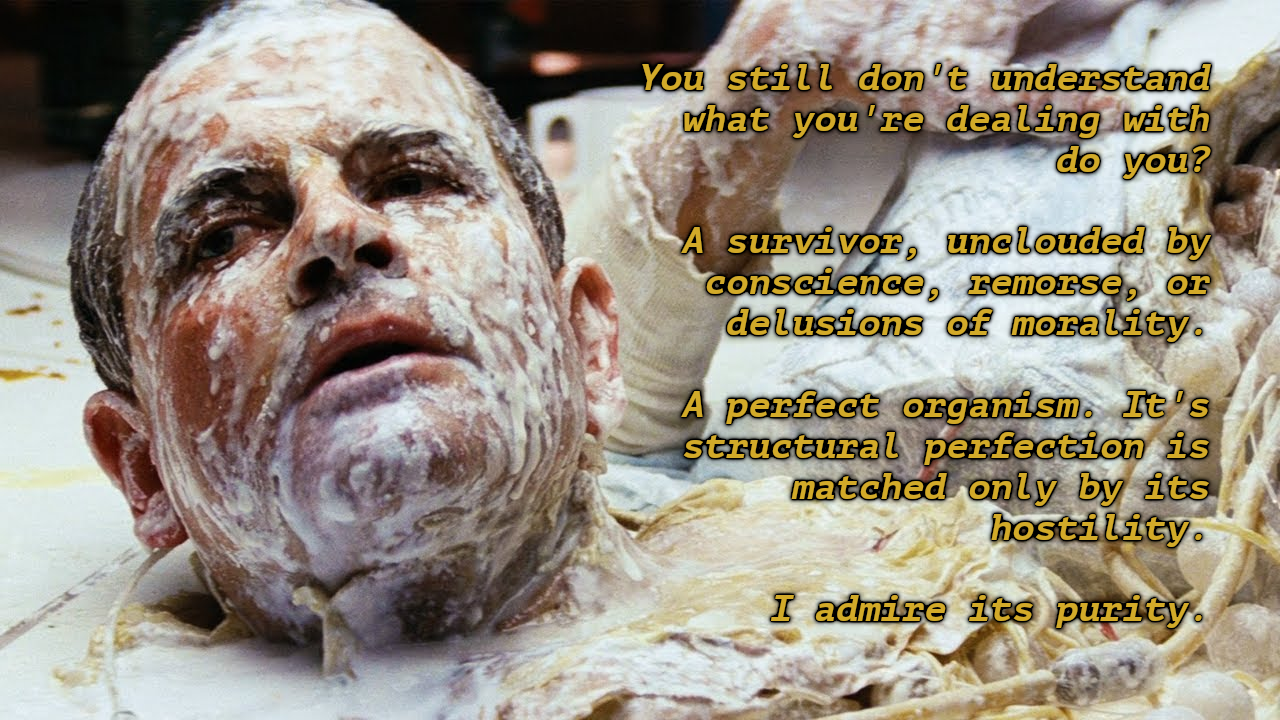 Ash from Alien 1979 movie talking about the perfect organism.
